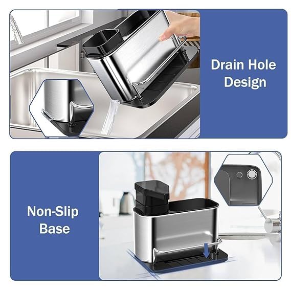 3 in 1 Kitchen Sink Caddy , Sponge Holder, Stainless Steel Kitchen , Sink Organizer , Soap Dispenser