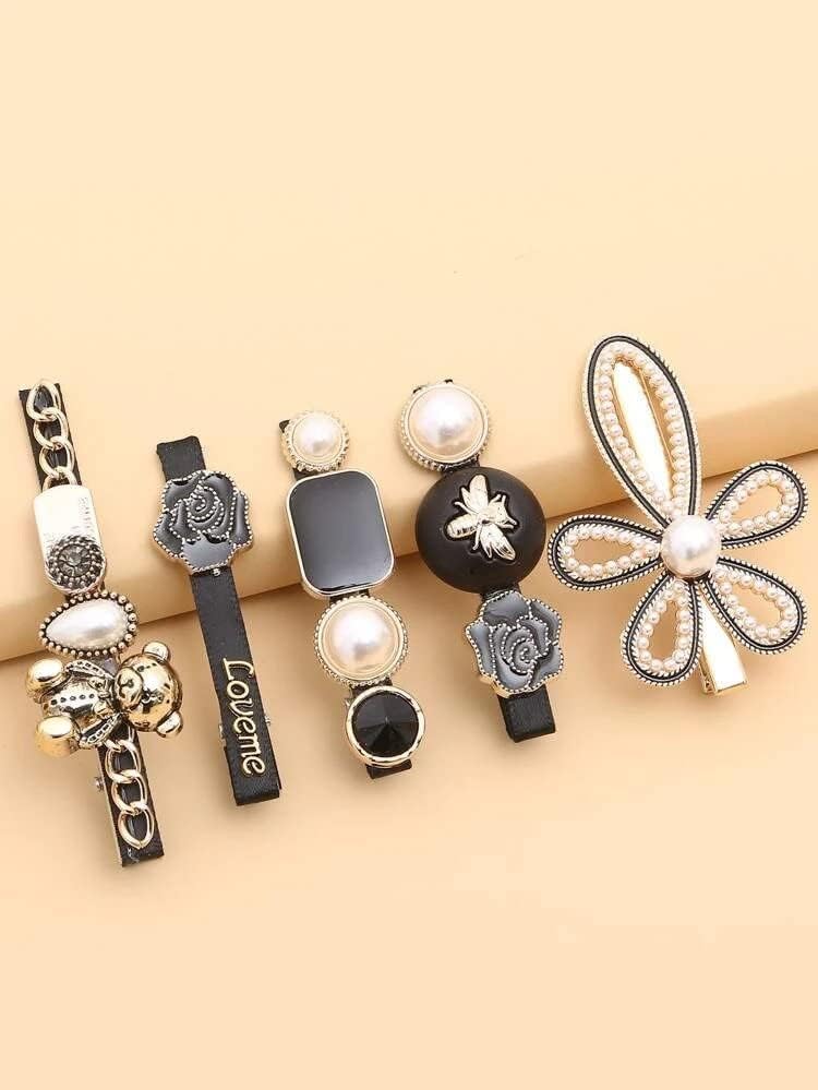 5 Pcs Black Bear Rose Pearls and Rhinestone Hair Clips