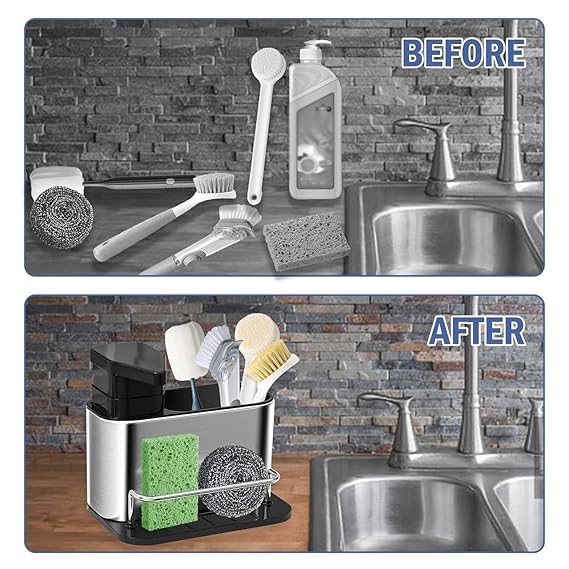 3 in 1 Kitchen Sink Caddy , Sponge Holder, Stainless Steel Kitchen , Sink Organizer , Soap Dispenser