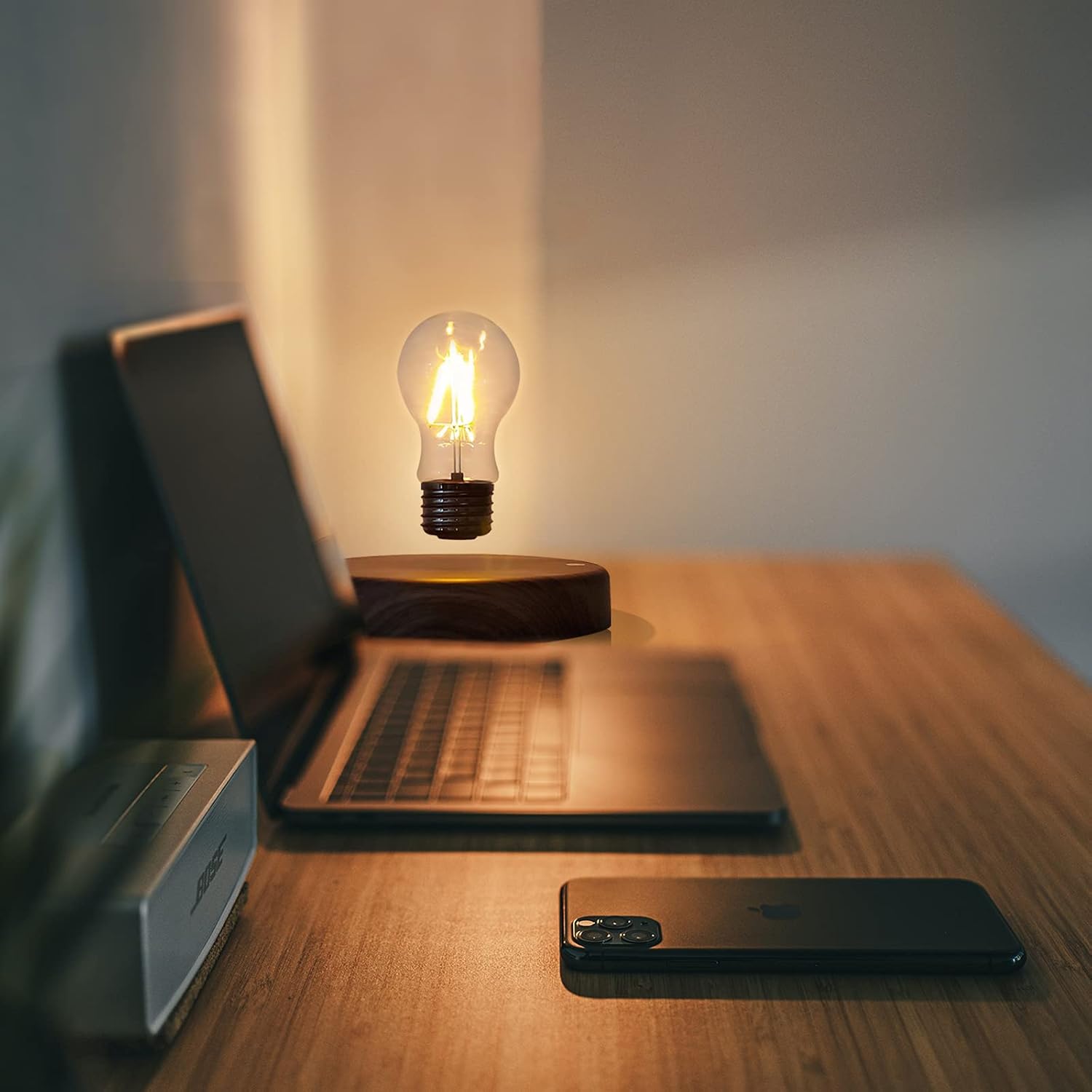 Wood Magnetic Floating LED Bulb Lamp - Automatic Rotating Desk Light