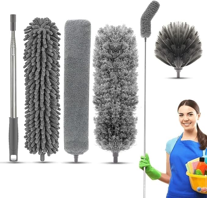 4 Pcs Microfiber Feather Duster Bendable Dusters with Long Extension Pole Ceiling Duster