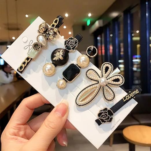 5 Pcs Black Bear Rose Pearls and Rhinestone Hair Clips
