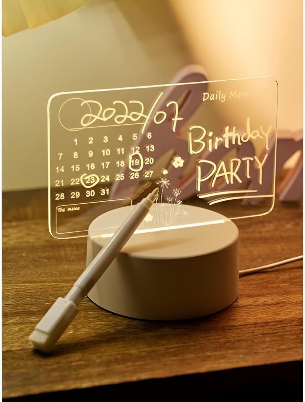 3D Calendar Acrylic Writing Board with LED Light Base