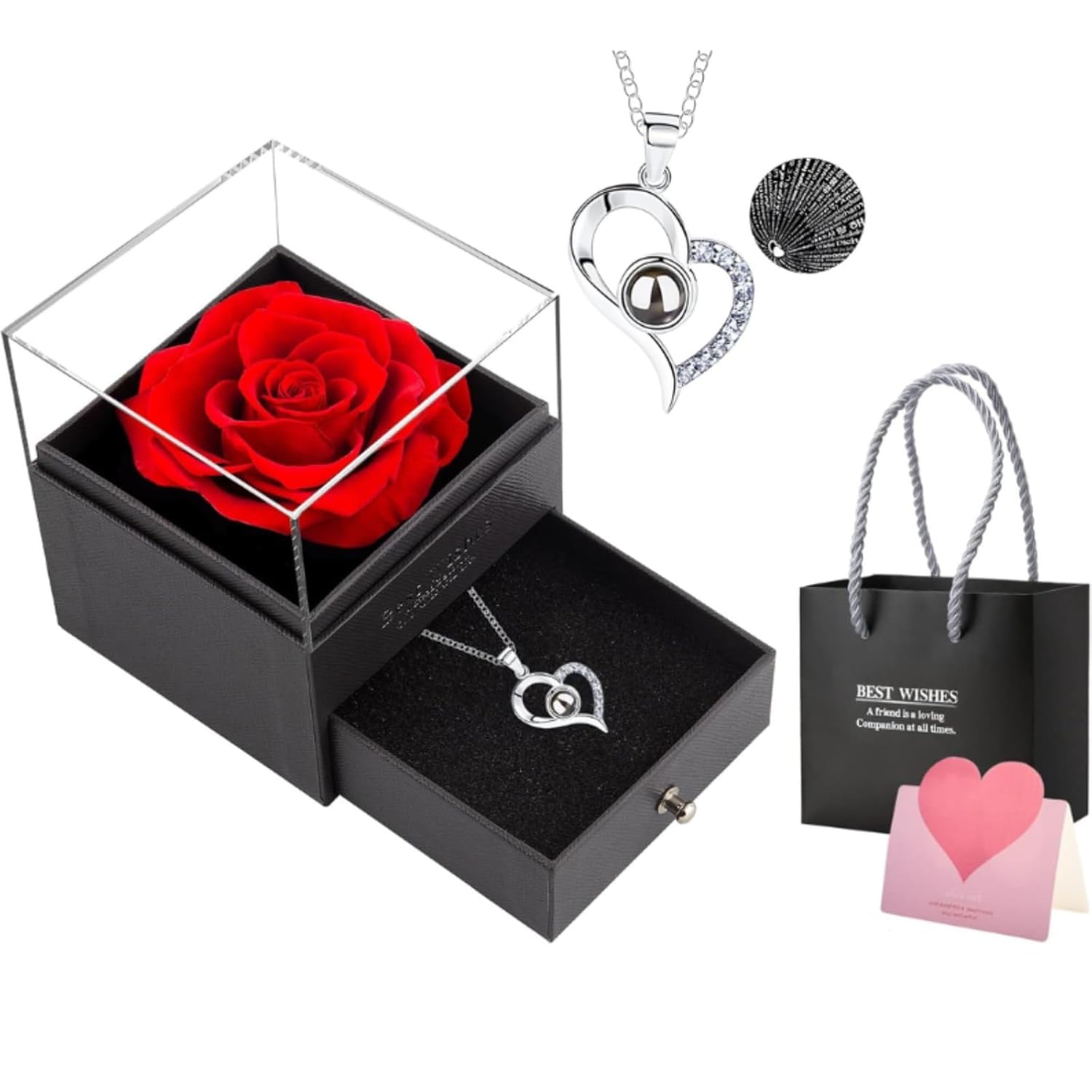 Artificial Preserved Red Rose, Eternal Rose & Heart Necklace Eternal Rose Flowers Gift