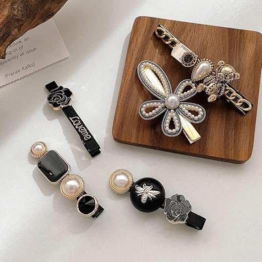 5 Pcs Black Bear Rose Pearls and Rhinestone Hair Clips