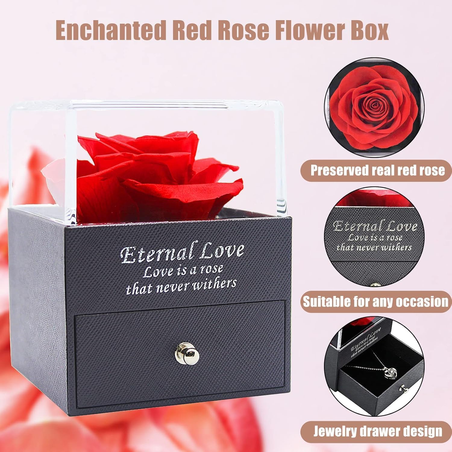 Artificial Preserved Red Rose, Eternal Rose & Heart Necklace Eternal Rose Flowers Gift