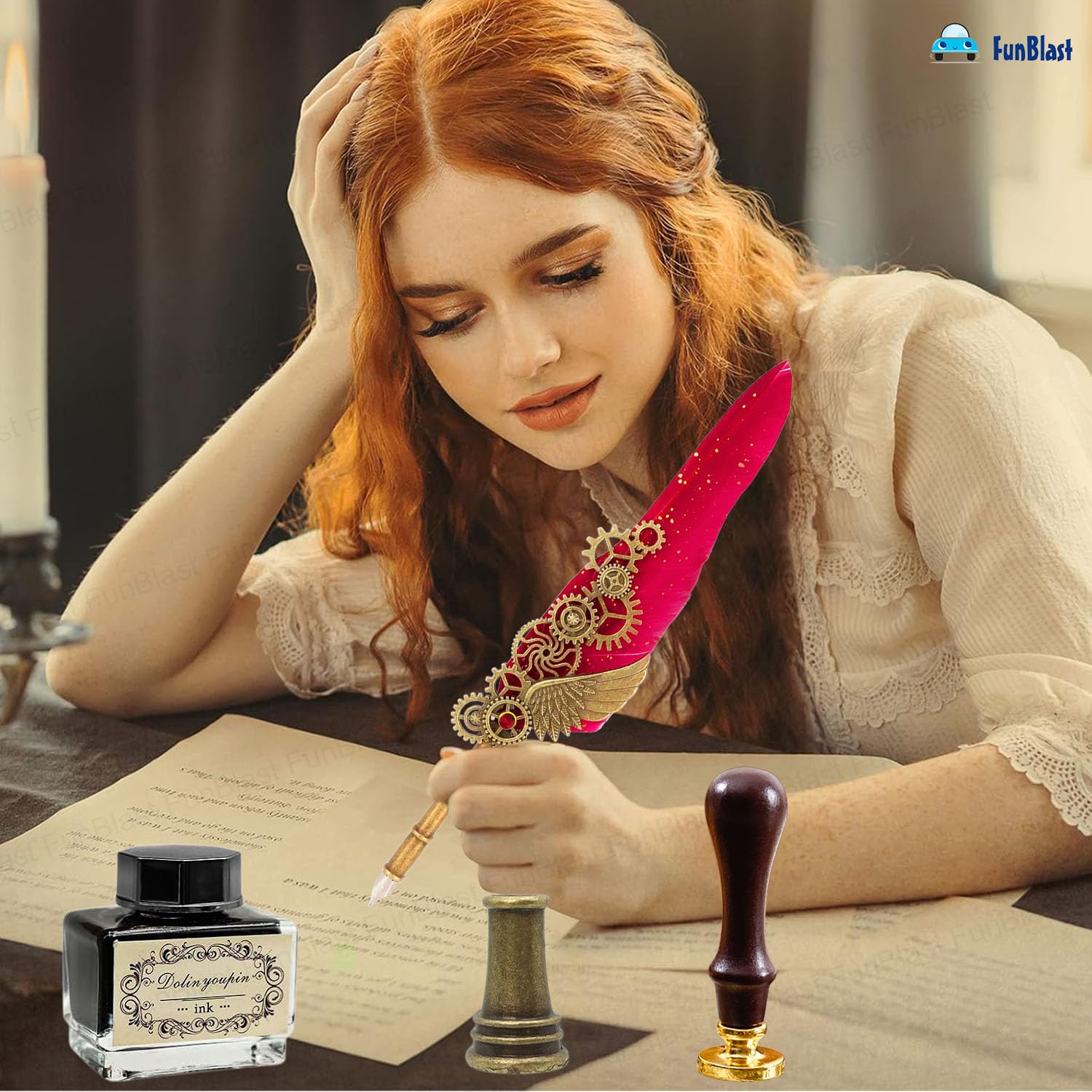 Feather Pen , Ink Set, Vintage Calligraphy Set for Signature & Art [ Multicolour]