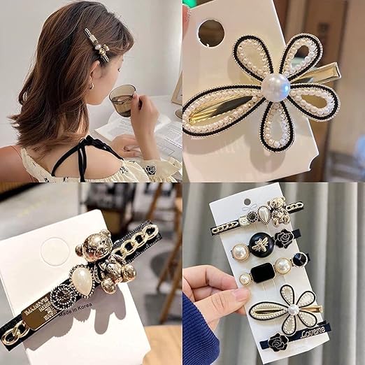 5 Pcs Black Bear Rose Pearls and Rhinestone Hair Clips