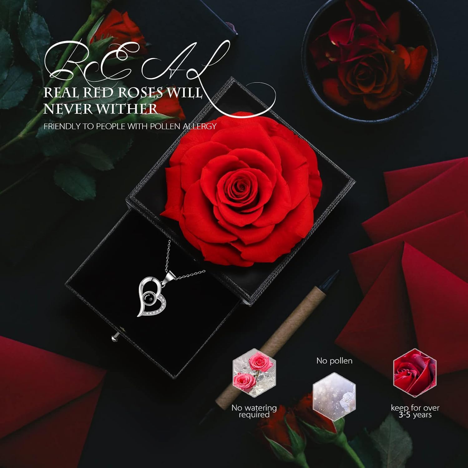 Artificial Preserved Red Rose, Eternal Rose & Heart Necklace Eternal Rose Flowers Gift