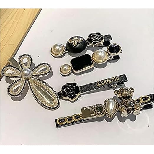 5 Pcs Black Bear Rose Pearls and Rhinestone Hair Clips