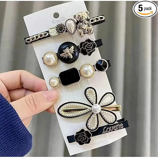 5 Pcs Black Bear Rose Pearls and Rhinestone Hair Clips