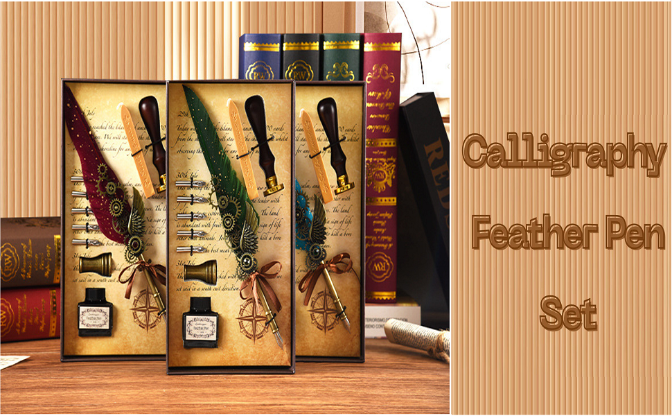 Feather Pen , Ink Set, Vintage Calligraphy Set for Signature & Art [ Multicolour]
